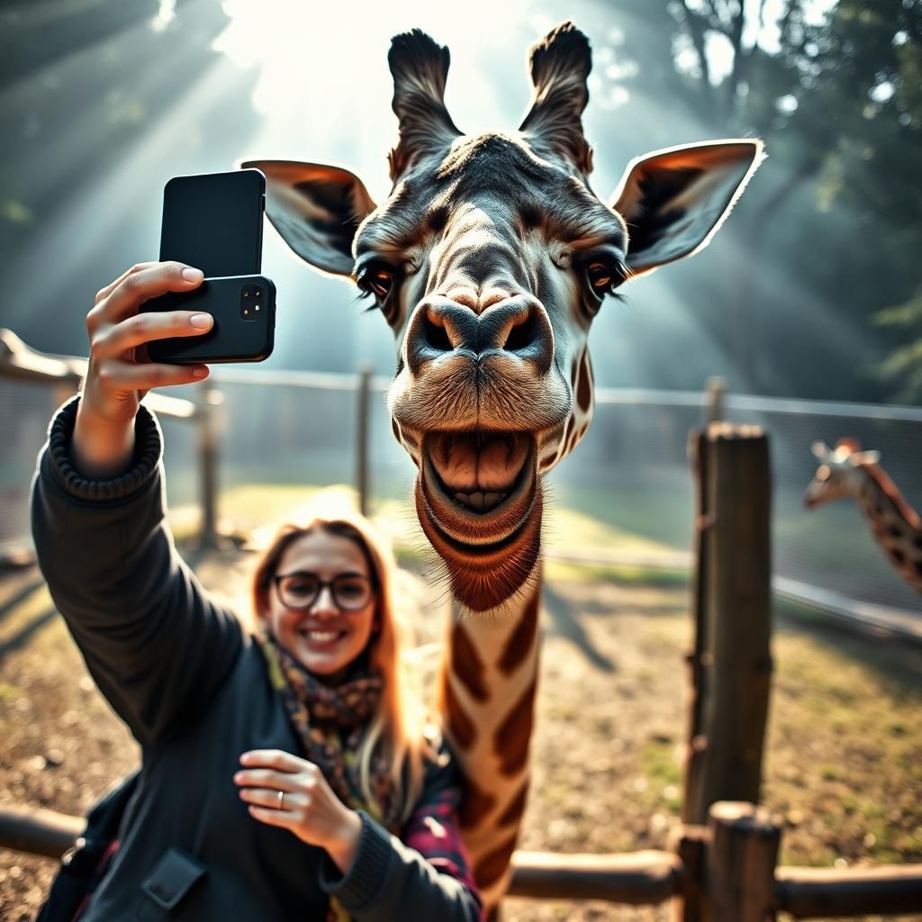Playful Giraffe Photobombing Couple's Zoo Selfie