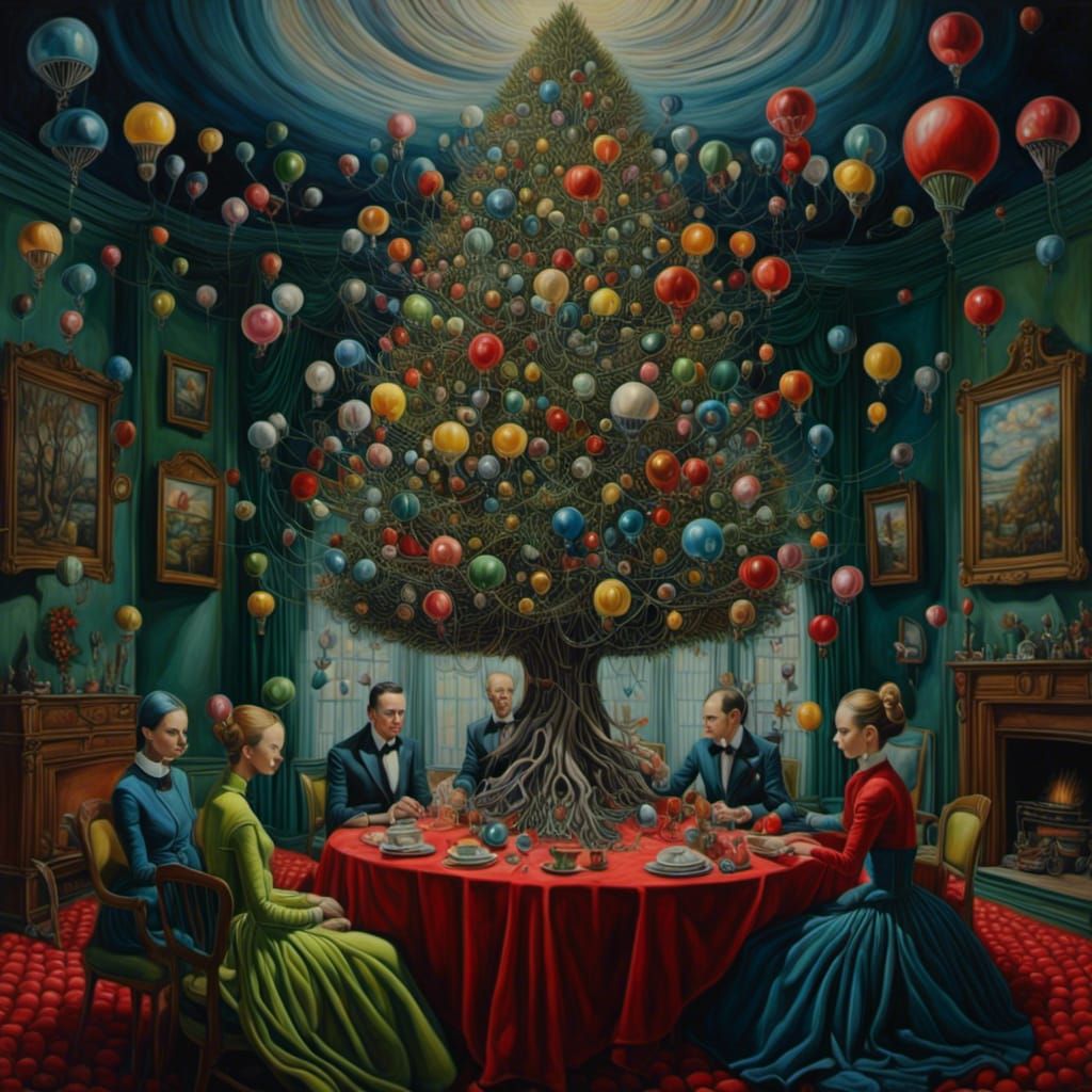 Surreal Christmas Tree Strangled by Lights in Pop Surrealism