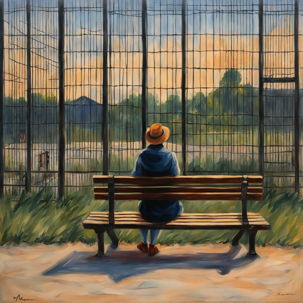 Young Woman Waiting Outside Jail at Dusk in Impressionist St...