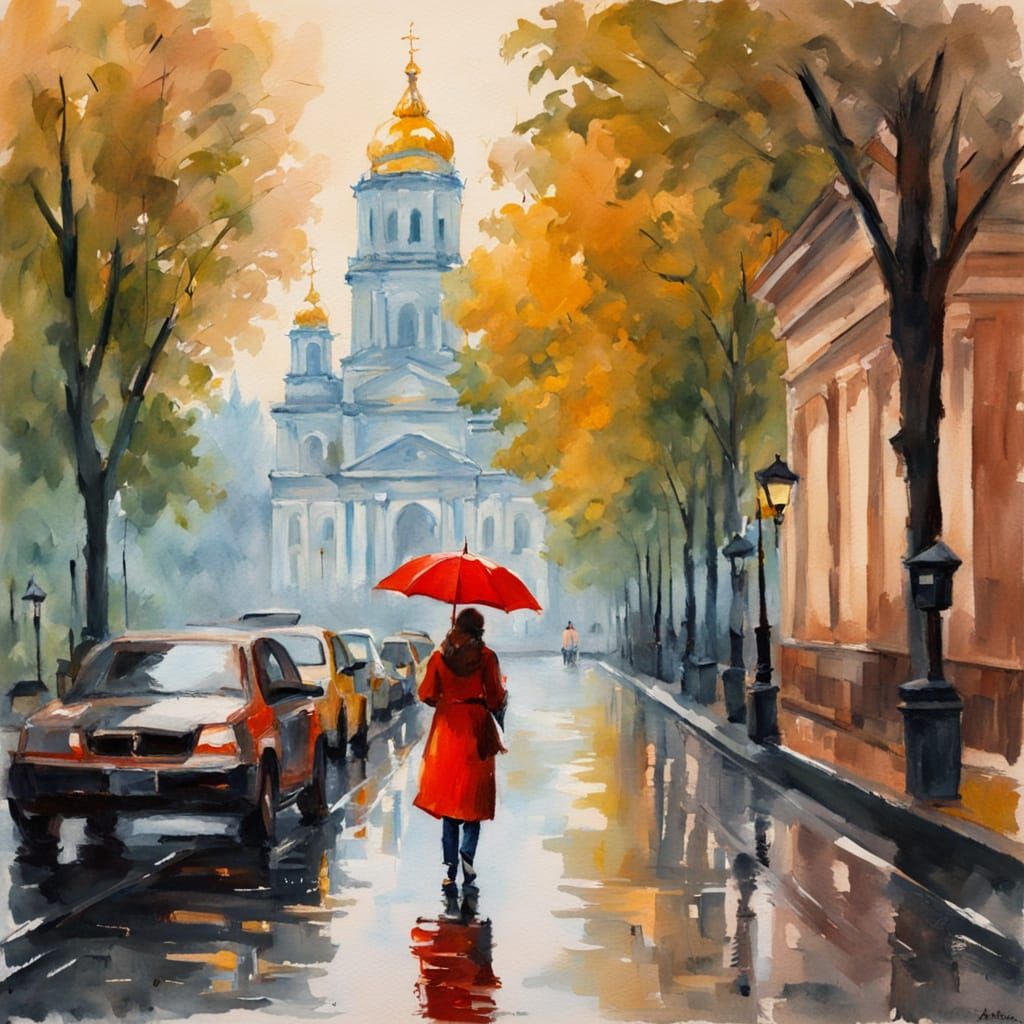 Kyiv Autumn Romance: Woman Under Red Umbrella in Painterly S...