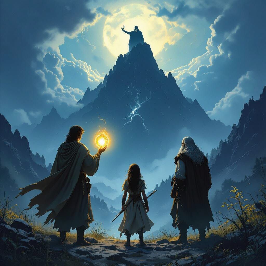 Epic Fantasy Adventure Film Poster with Heroes and Sorcerer