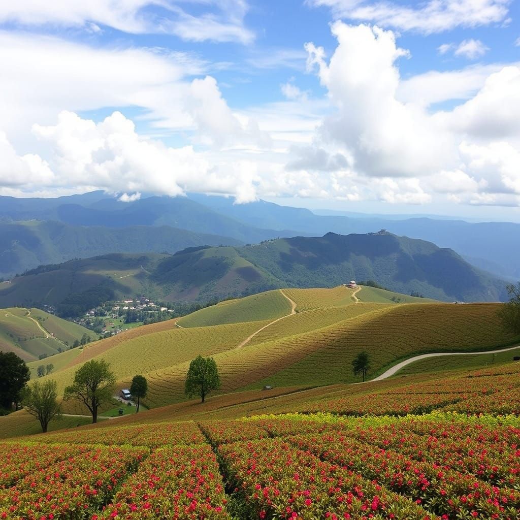 Misty Tea Plantations in Tropical Highlands