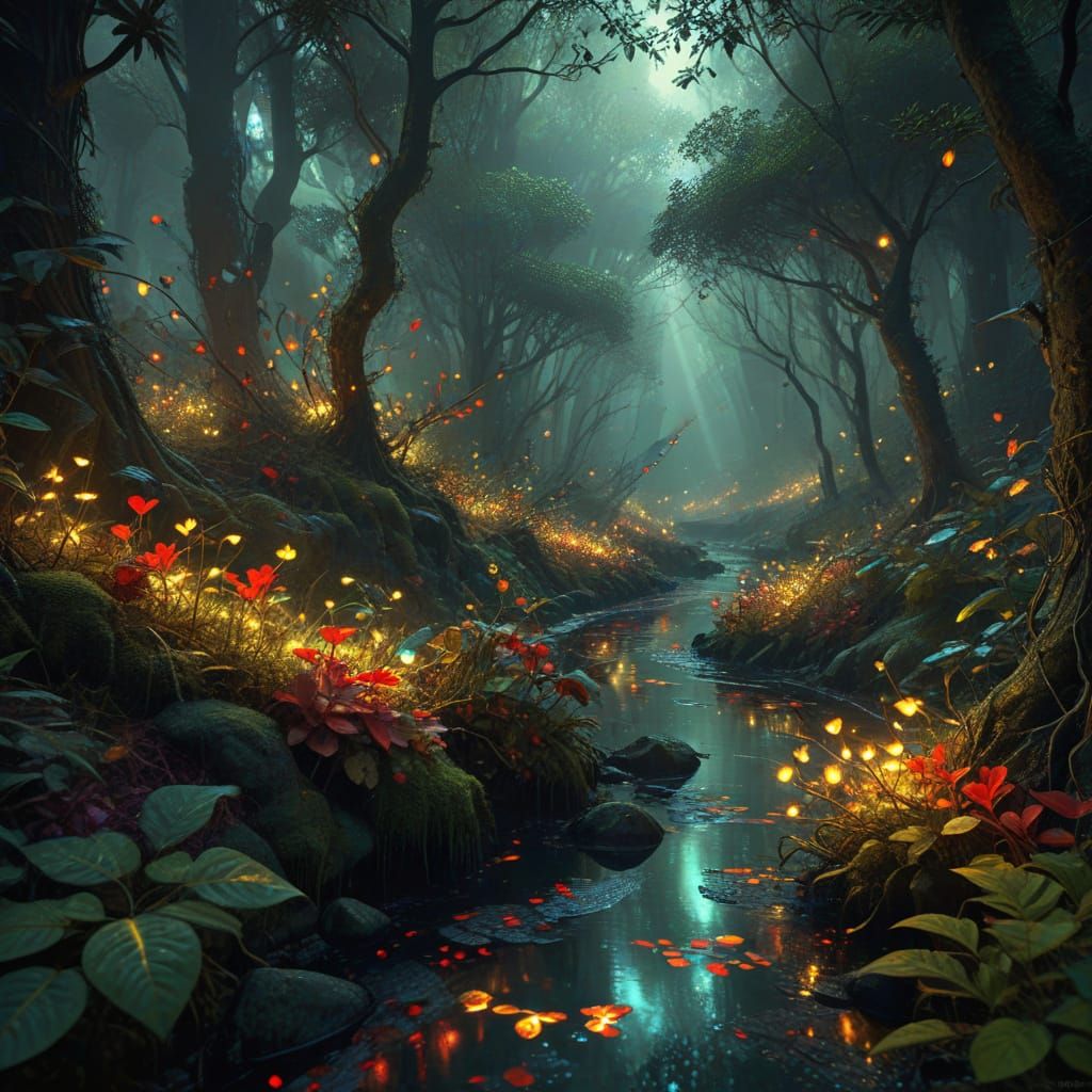 Ethereal Figure Walks Amidst Twisted Forest Canopy