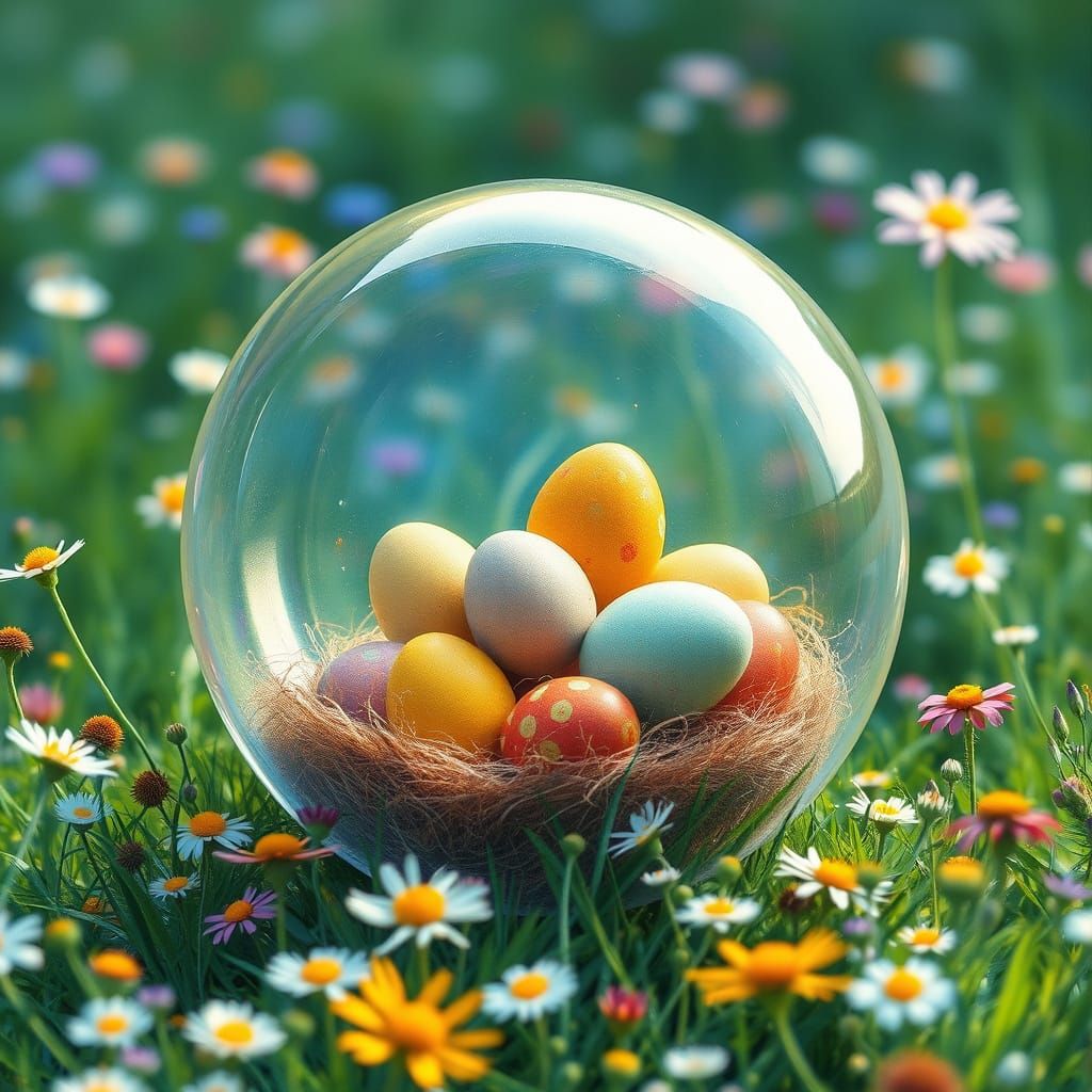 Vibrant Glass Orb Blooms with Colorful Eggs on a Lush Meadow