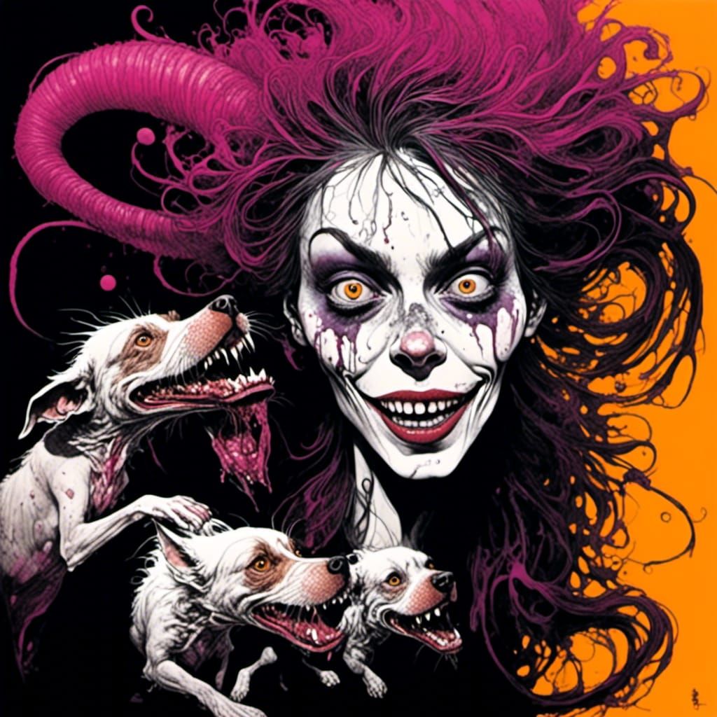 lady with fanged houling hounds with toothy grins