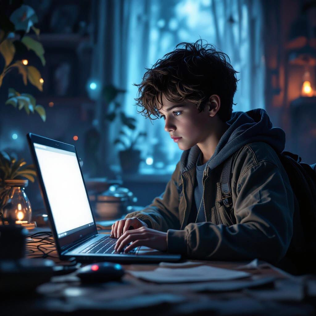 Boy and Blank Laptop Screen in Matte-Painted Style