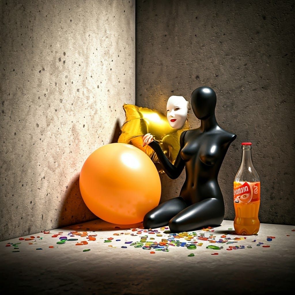 Surreal Party Scene with Broken Glass and Mannequin