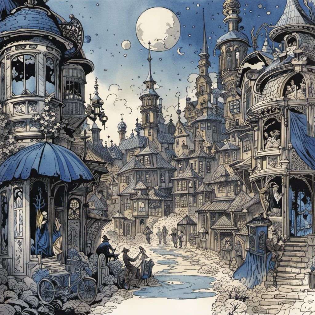 Charming Art Nouveau Town in Blue Ink