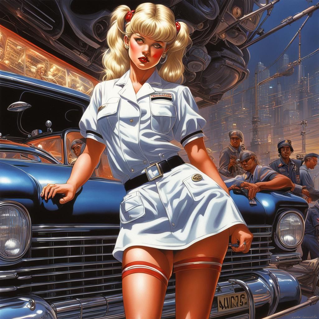 Voluptuous Blonde Nurse: Sorayama-Inspired Illustration