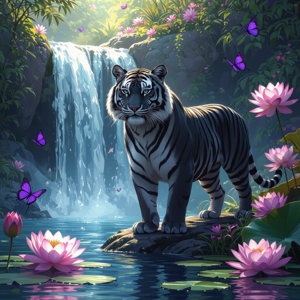 Majestic Tiger by Waterfall with Lotus Flowers and Butterfli...