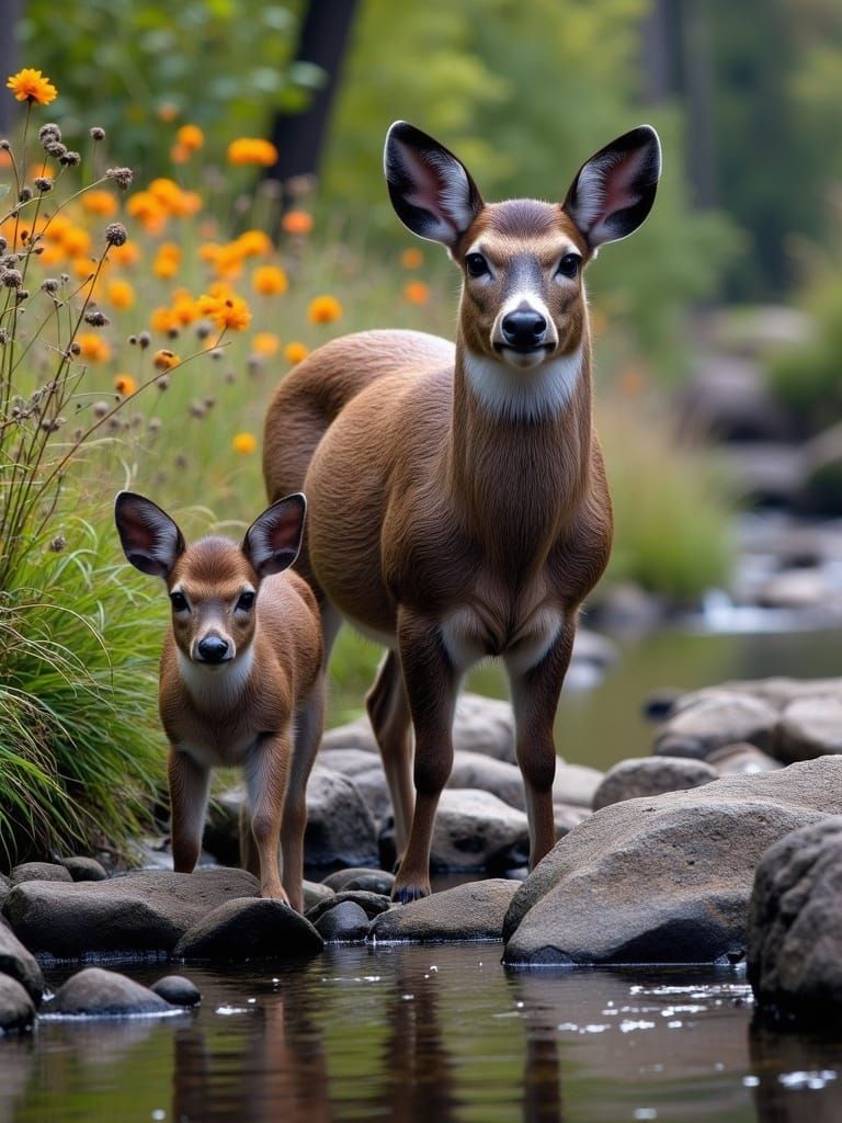 Deer and Fawn Drinking Together in Creek