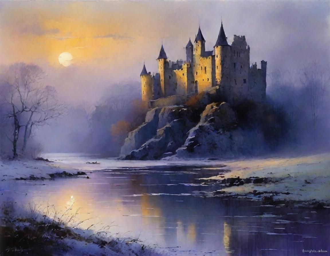 Castle Ruins in Icy Mist: Detailed Digital Painting