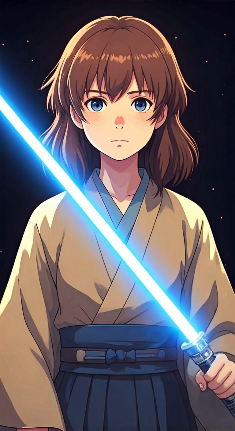Anime Jedi Girl with Lightsaber in Ghibli Style