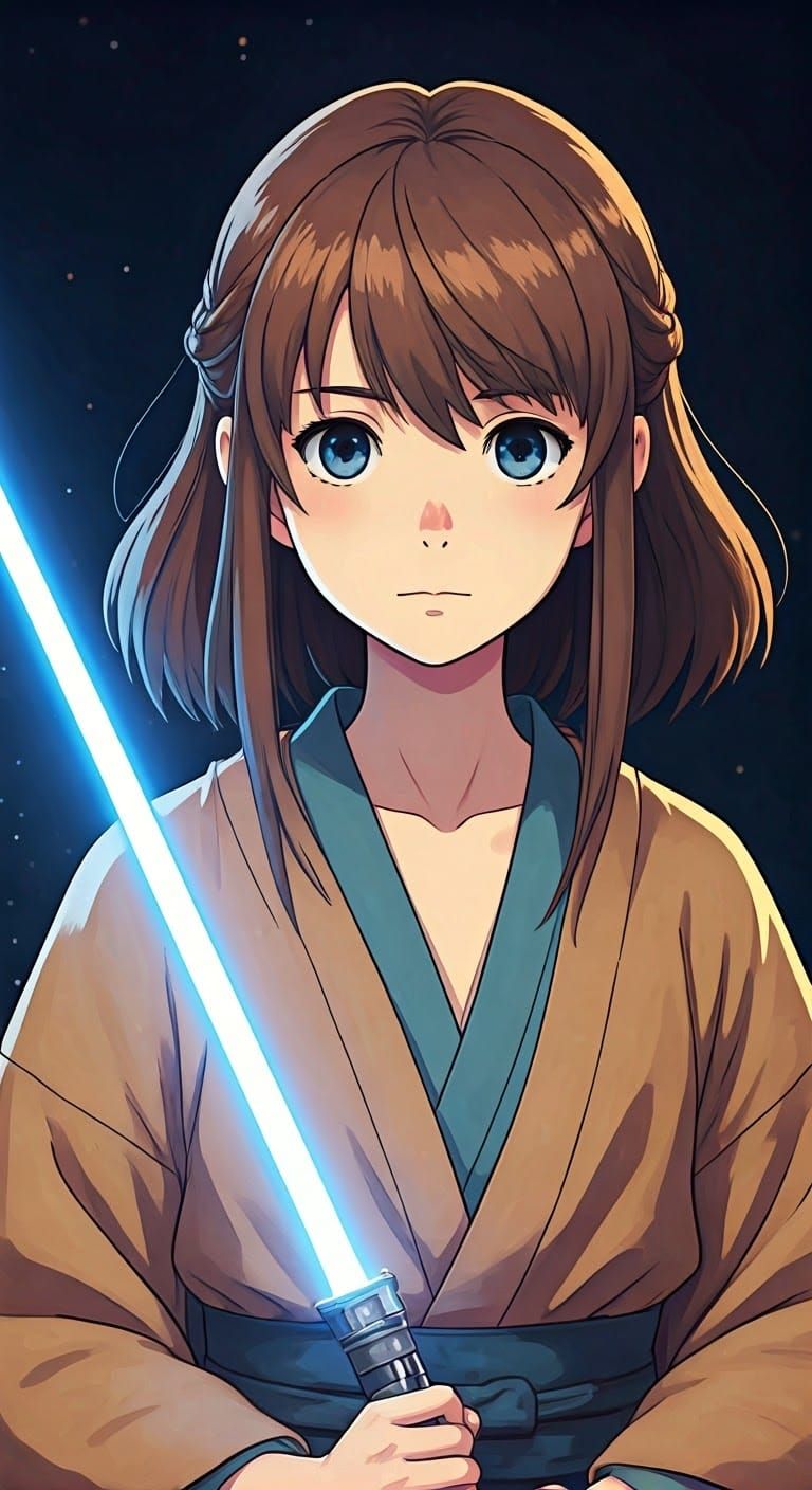 Anime Jedi Girl with Lightsaber in Ghibli Style