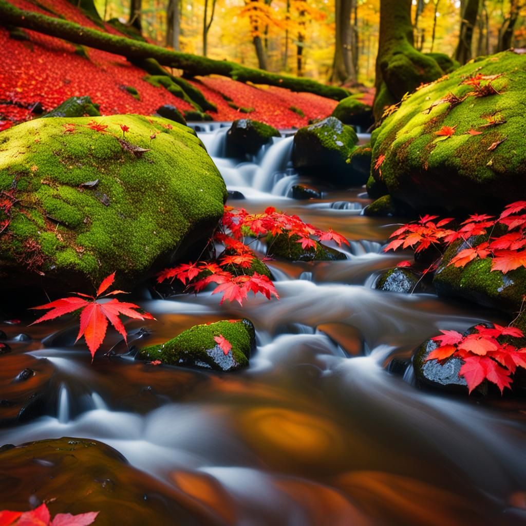 Autumn Stream Between Mossy Boulders: Macro Photograph