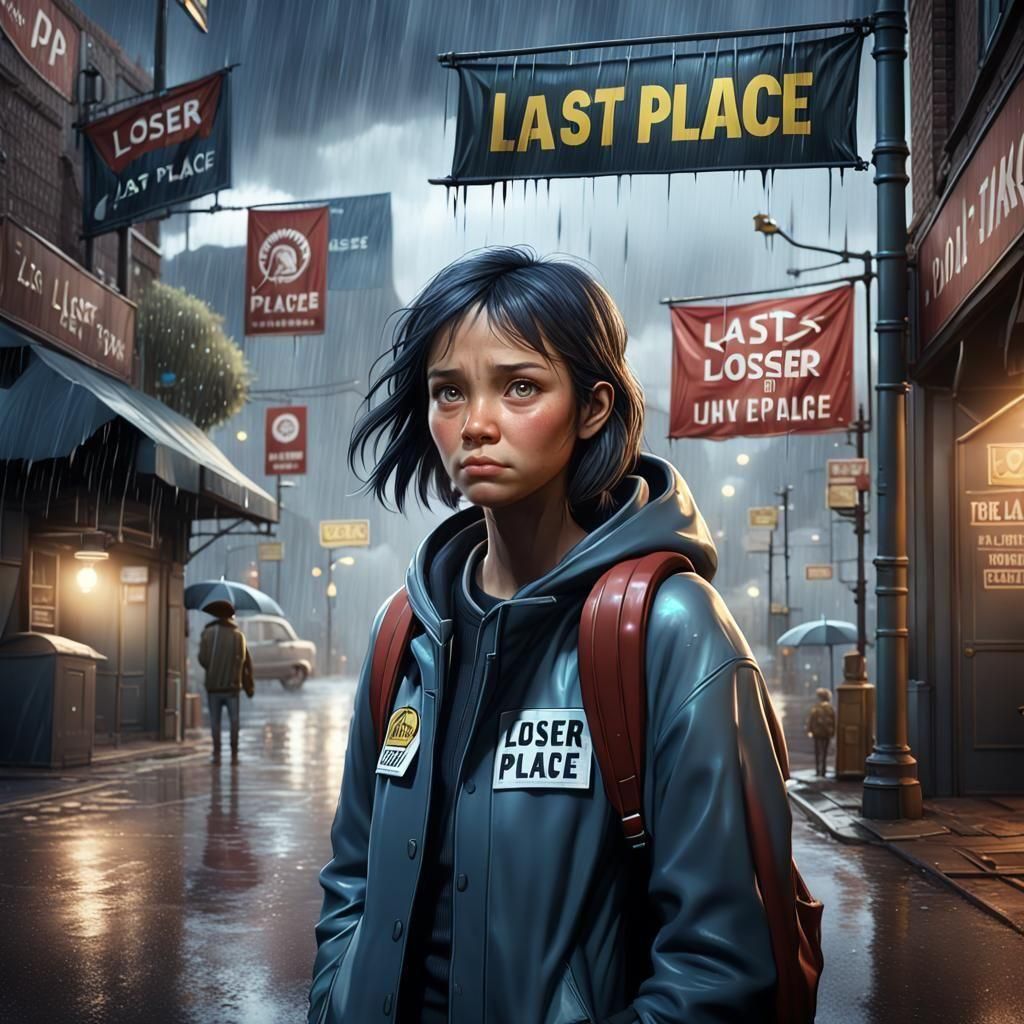 Dejected Woman Under Loser Sign in Semi-Realism