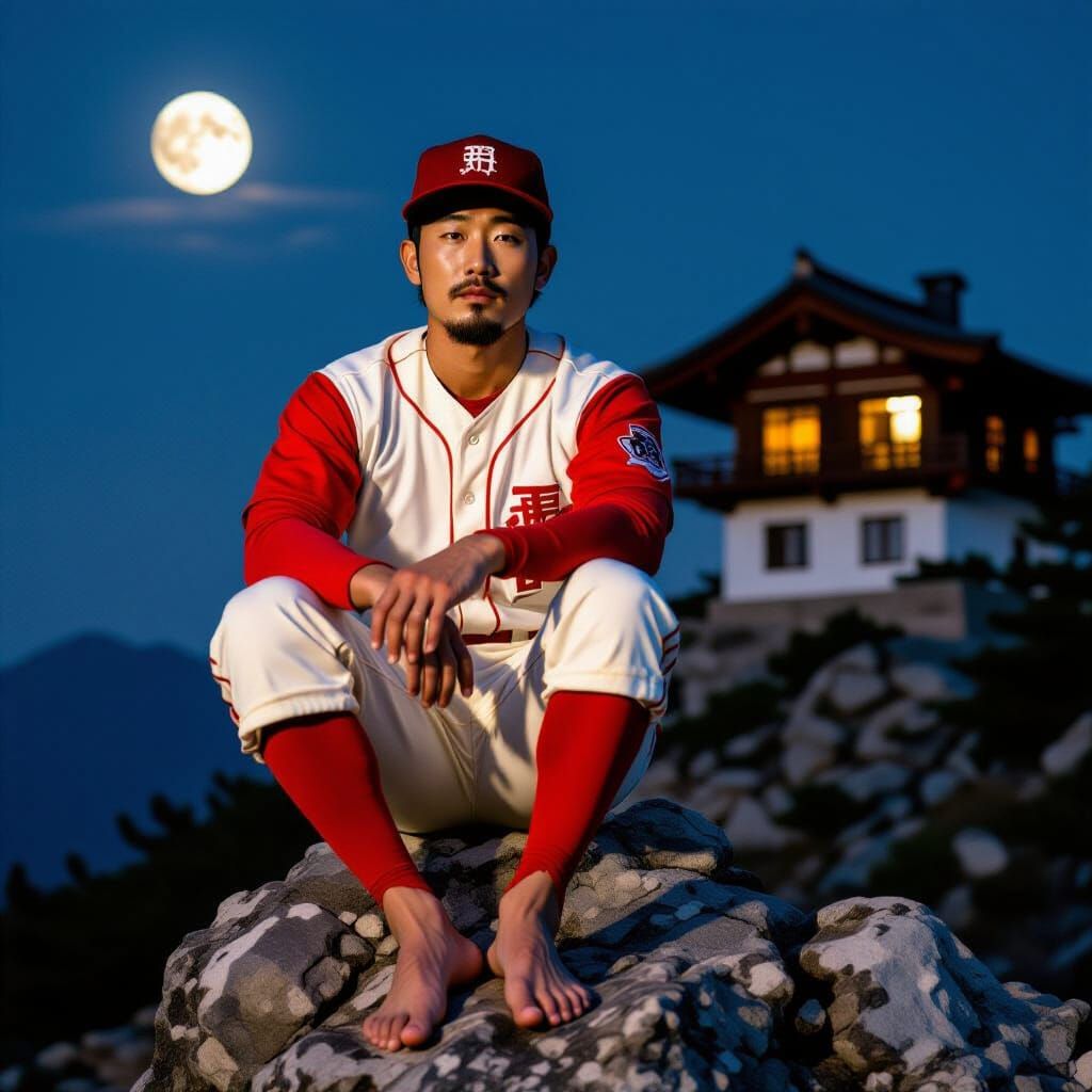 Baseball Player at Immortal Retreat in Pre-Raphaelite Style