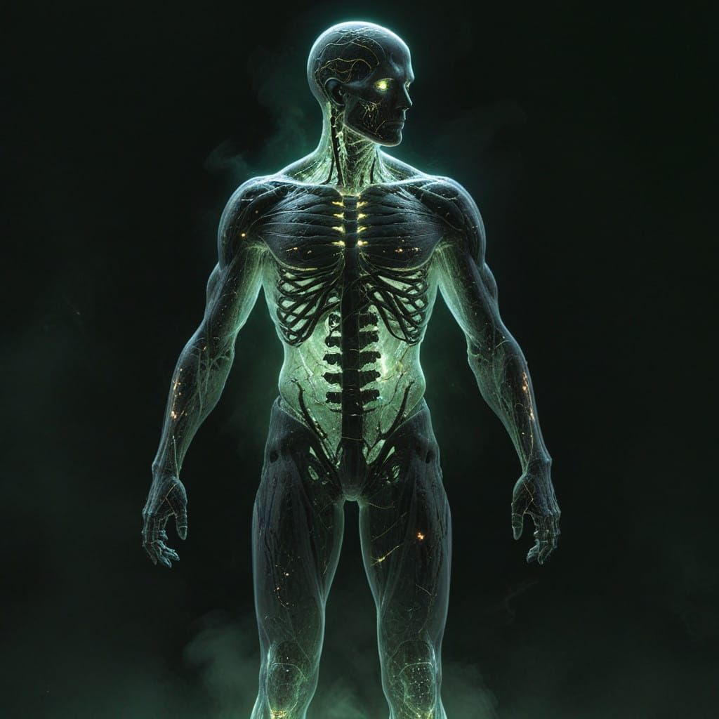 Ethereal Glowing Figure in Muted Sci-Fi Landscape