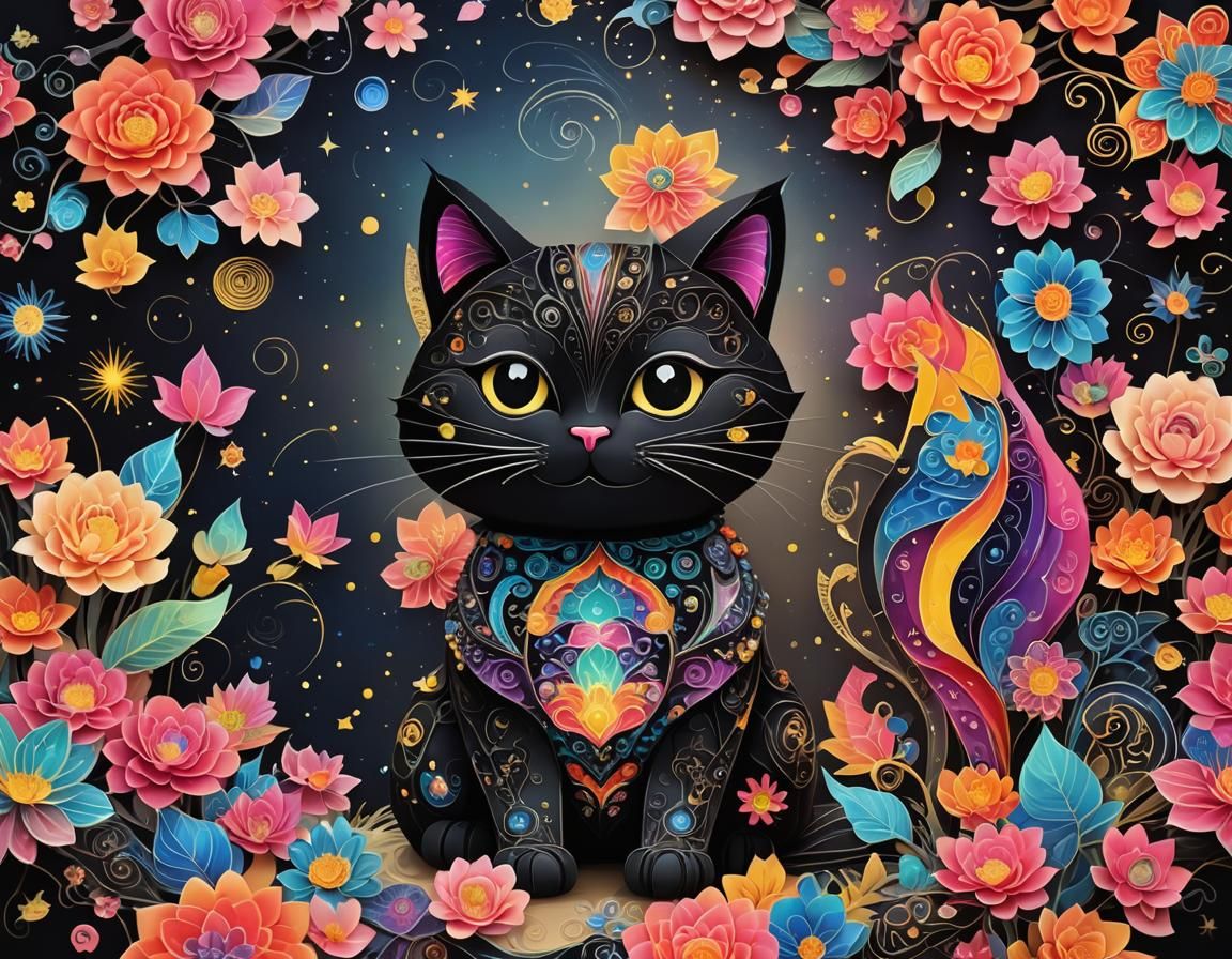 Rainbow Cat Doll Painting in Xuan Paper Style