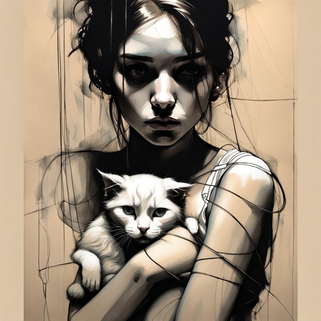 Girl Holding Cat in Technical Drawing Style