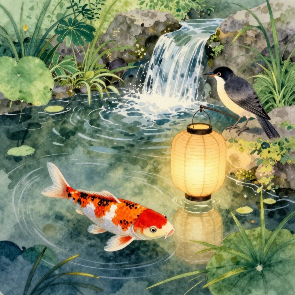 Vibrant Koi Fish and Japanese Lantern by Waterfall