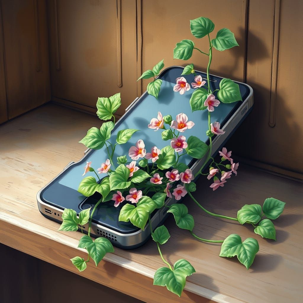 Nature Reclaims Technology: Vine Growing From Broken Smartph...