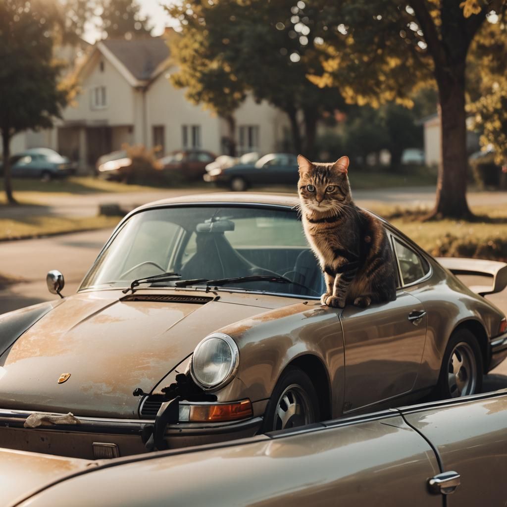 Vintage Porsche 911 with Feline in 70s Style