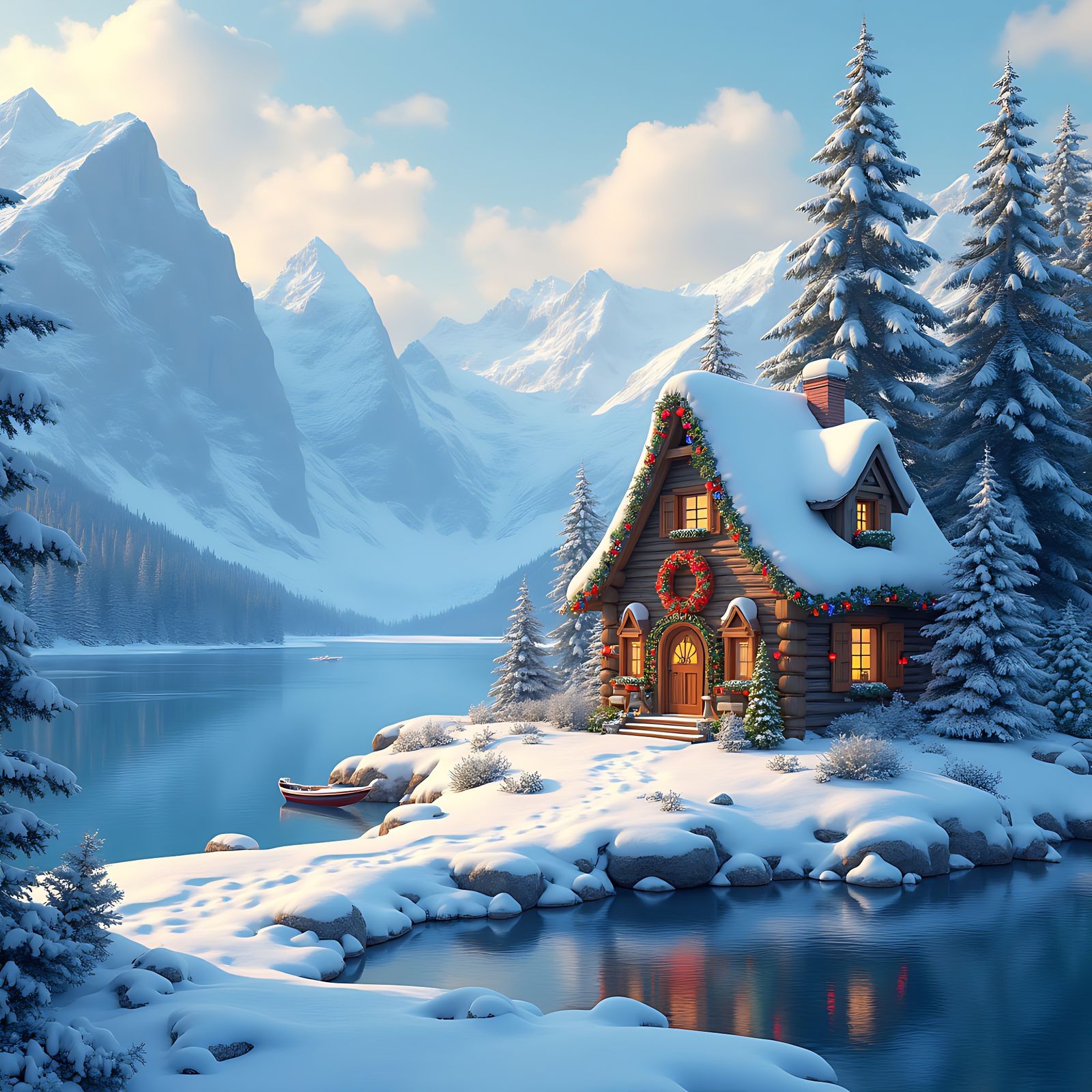 Snowy Lake Tiny House Christmas Landscape