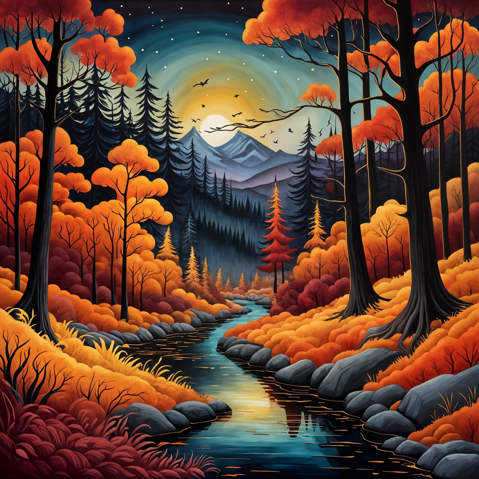 Autumn Forest Scene as Gouache Painting