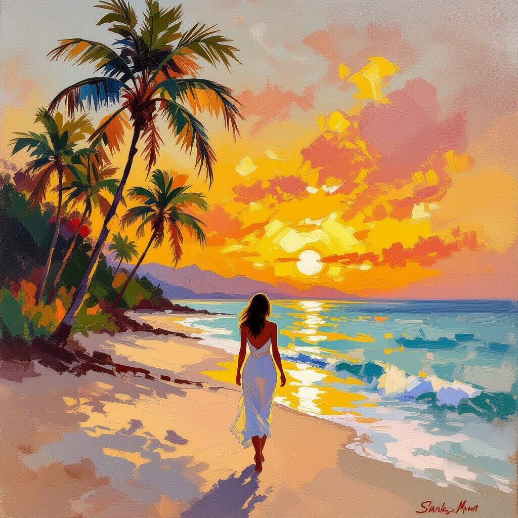 Impressionistic Sunset Beach Scene with Palm Trees