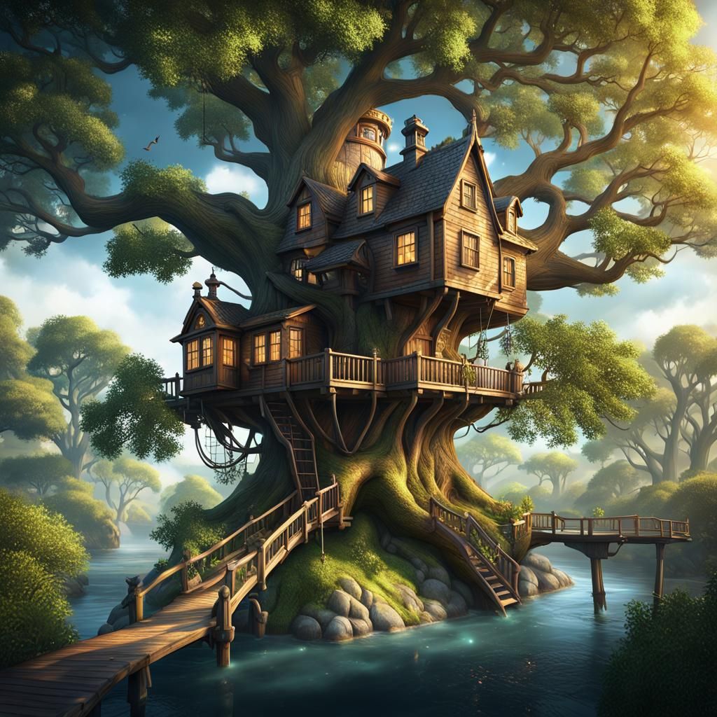Lighthouse Treehouse with Cottage in Oak Tree
