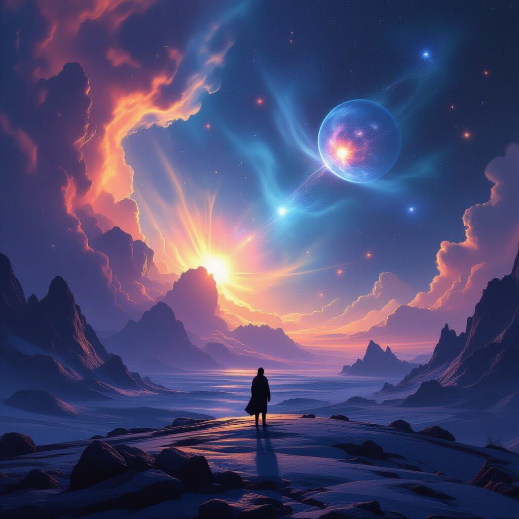 Cosmic Landscape with Celestial Figure and Vibrant Nebulae
