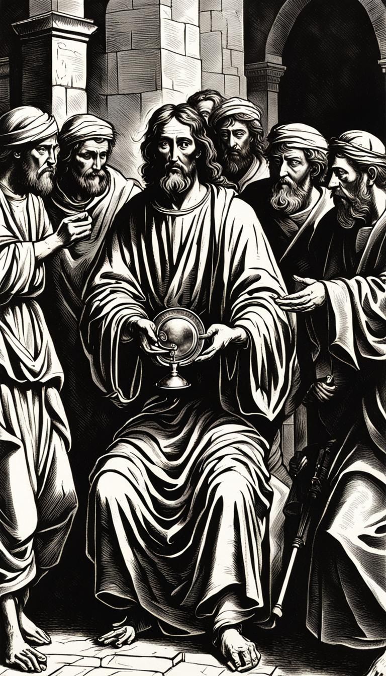 Judas Iscariot sells Jesus Christ for 30 pieces of silver to the Jews