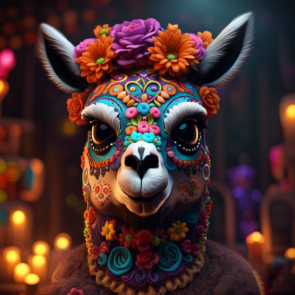 Día de los Muertos Llama in Dark Fantasy Style
