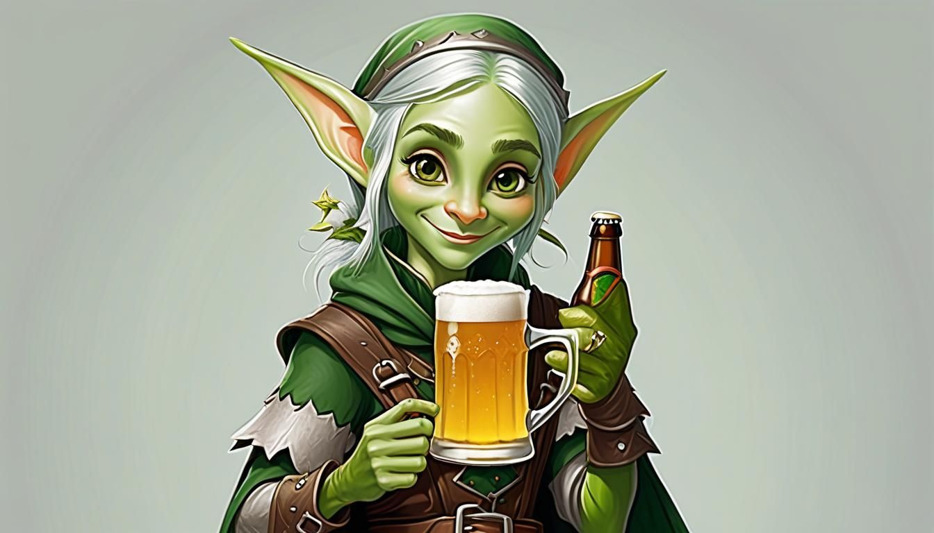 Green Elf Adventurer with Beer, Anime Style