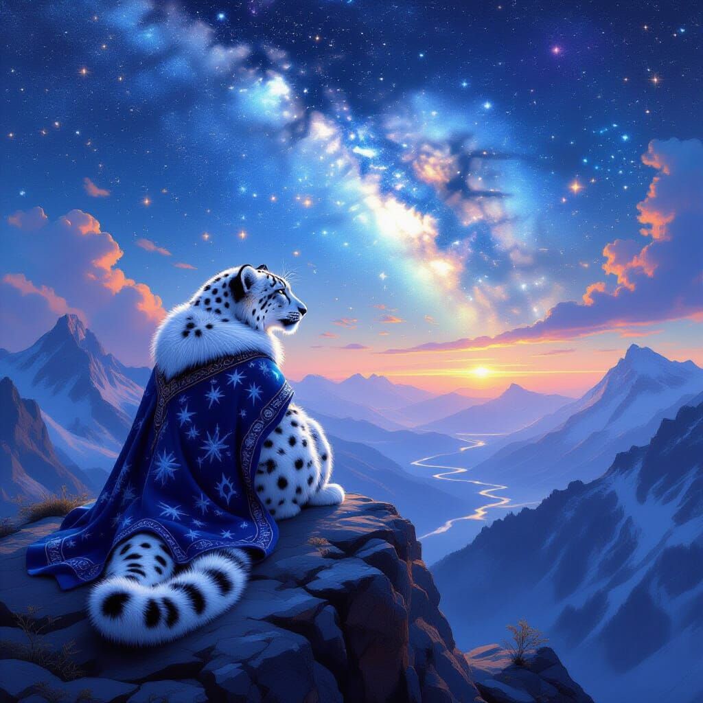 Celestial Snow Leopard Overlooking Starry Valley