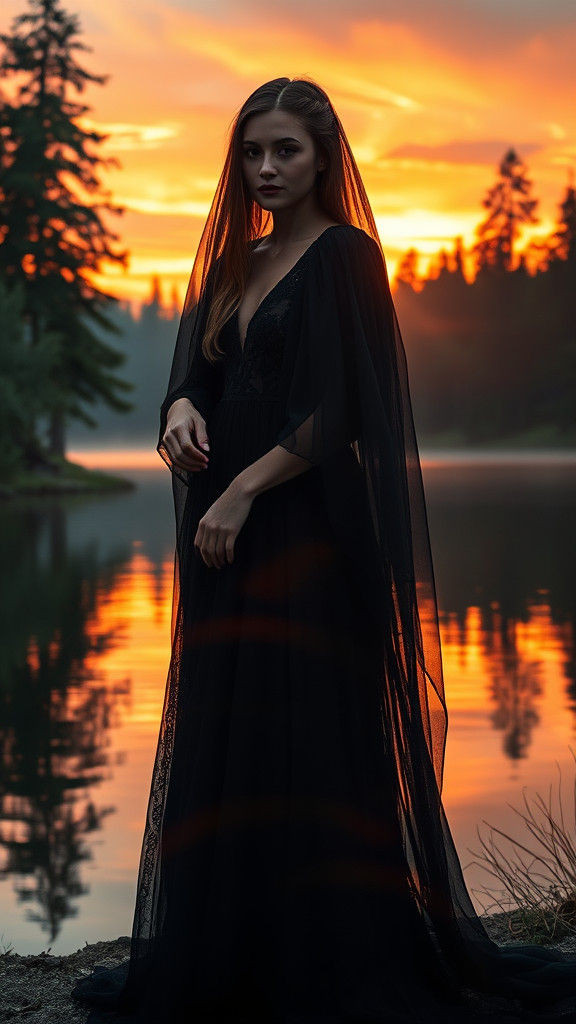 Woman in Black Dress at Sunset, Double Exposure