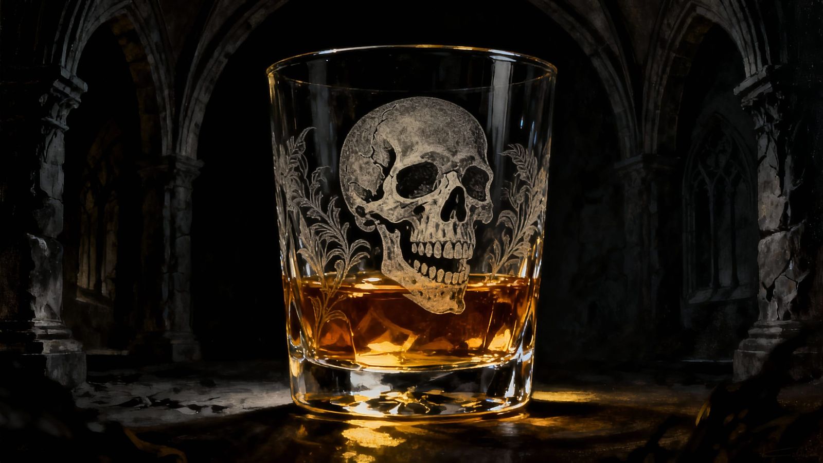 Whiskey Glass Etched With Skeleton in Gothic Style