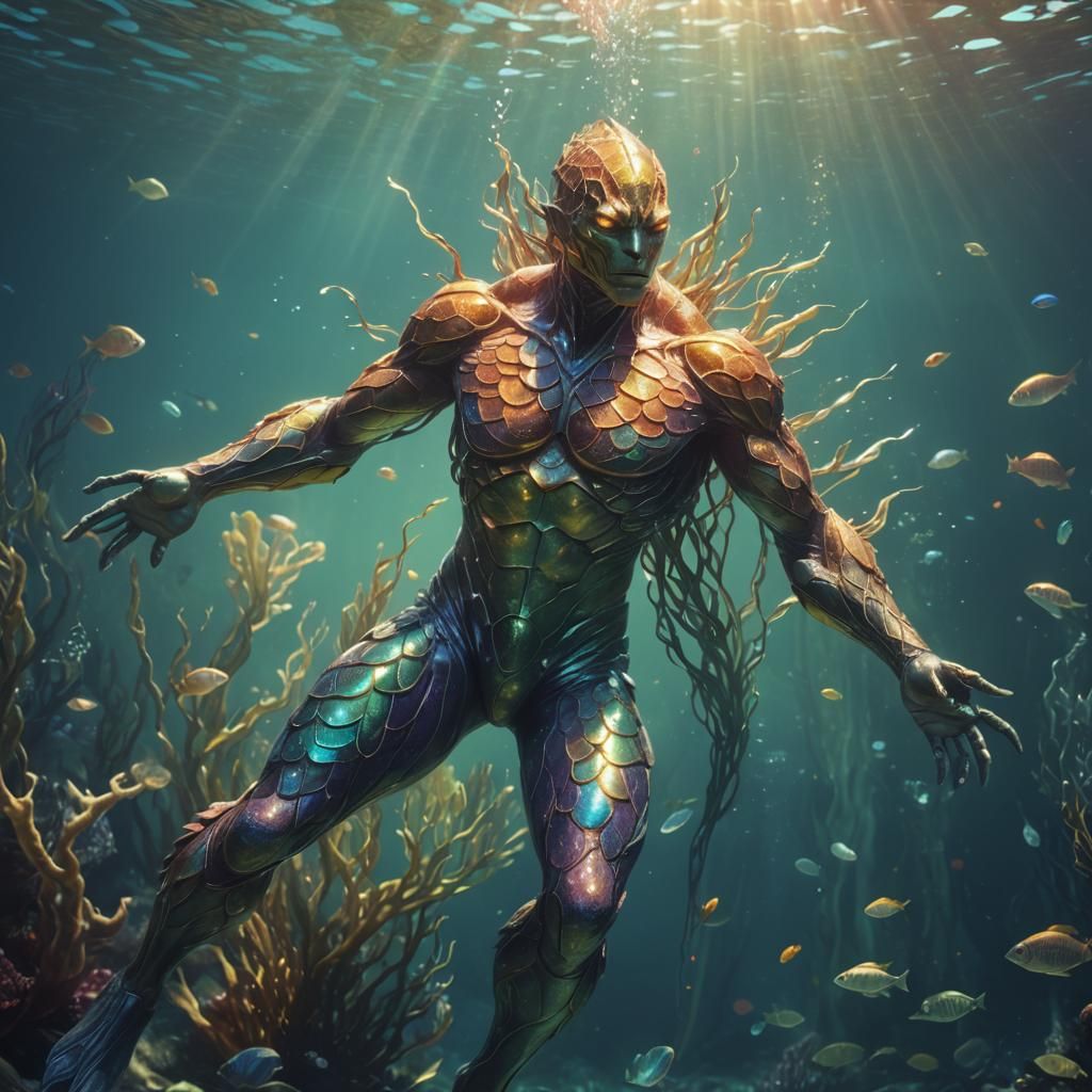Handsome Humanoid Creature Swimming Underwater: Digital Art