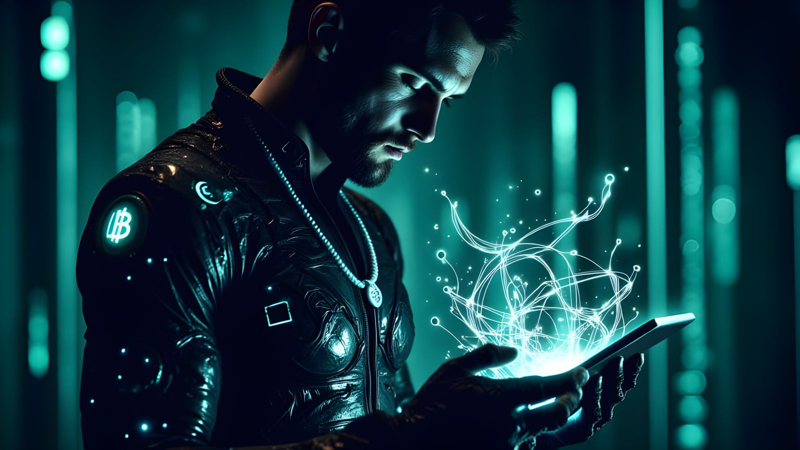 Confident Crypto Futurist in Neon Accents