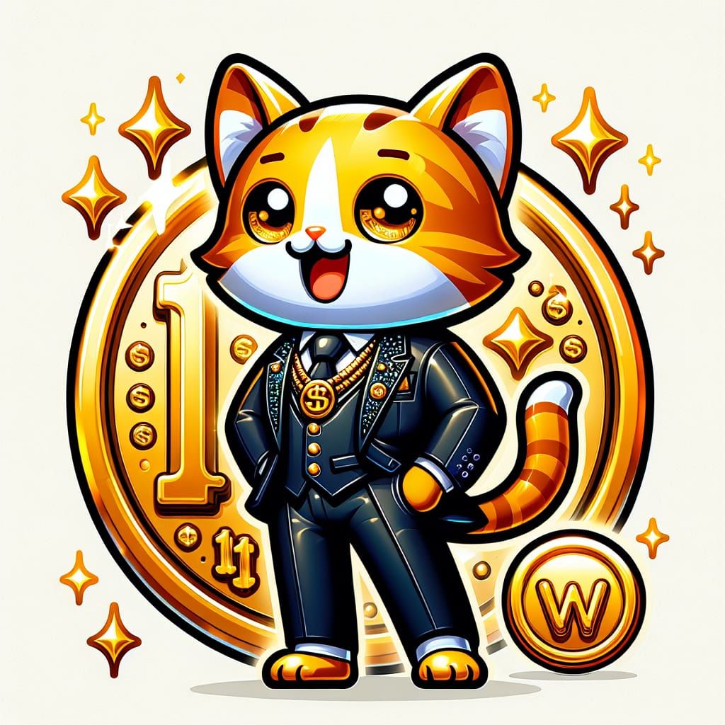 Cartoon Cat Emoji with Golden Coin and Suit