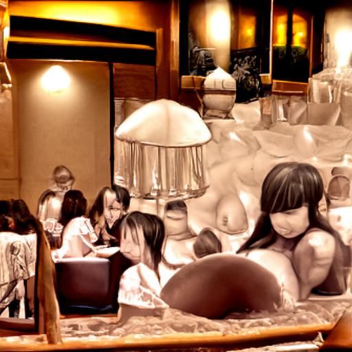 Sepia-Toned Hotel Restaurant with Girls: Photorealistic