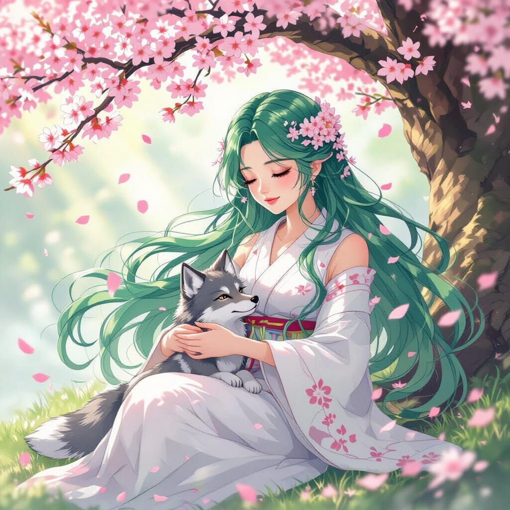 Dryad and Wolf Cub in Watercolor Anime Style