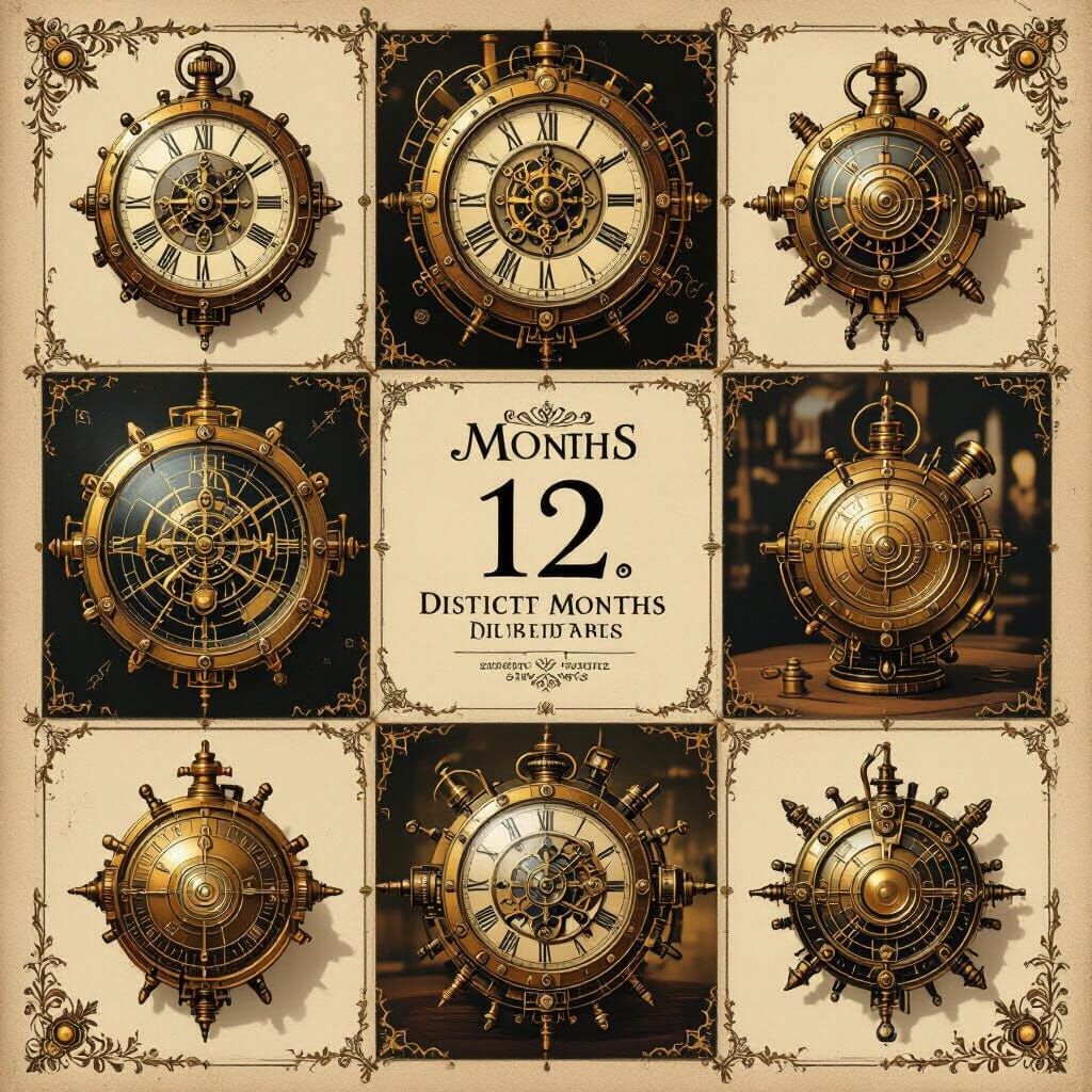 Steampunk Calendar of 12 Months With 22 Gadgets