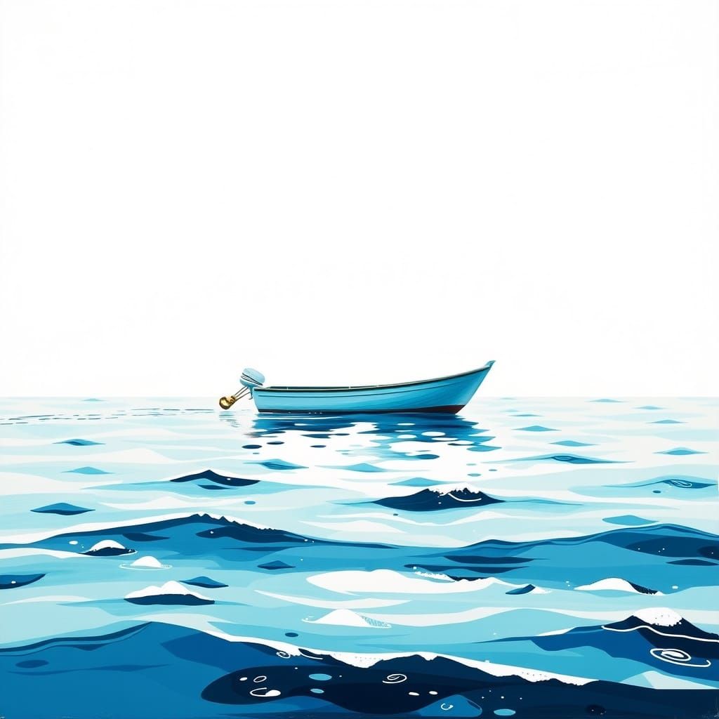 Turquoise Boat on Calm Sea in Modern Mixed-Media Style