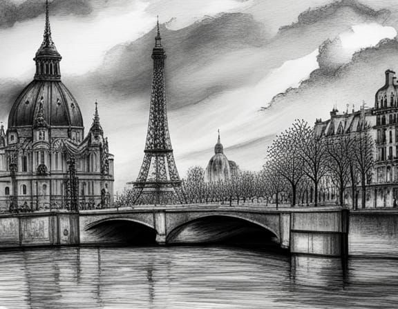 Hyperdetailed Charcoal Drawing: Paris Landmarks