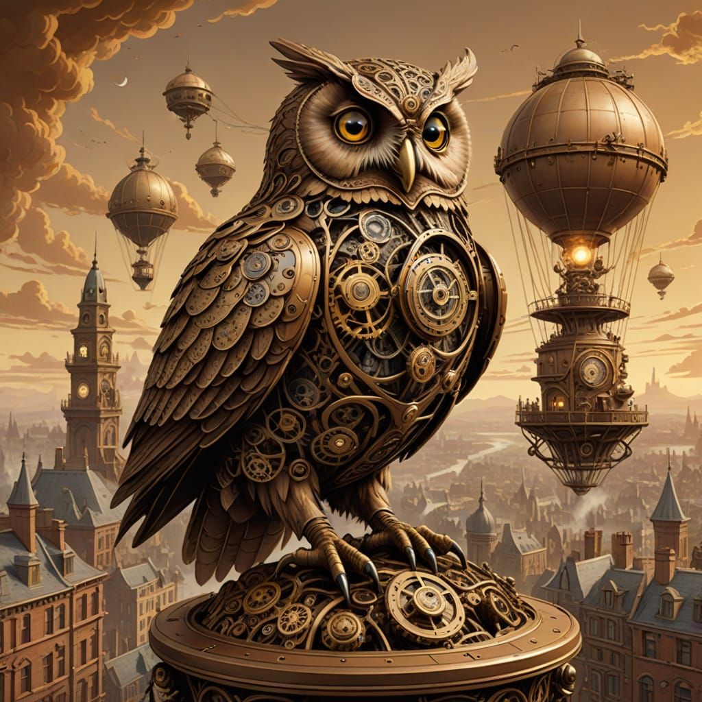 Clockwork Owl on Automaton in Steampunk City