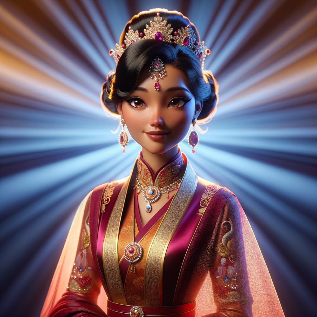 Regal Sikkimese Queen in Ornate Disney-Inspired Attire