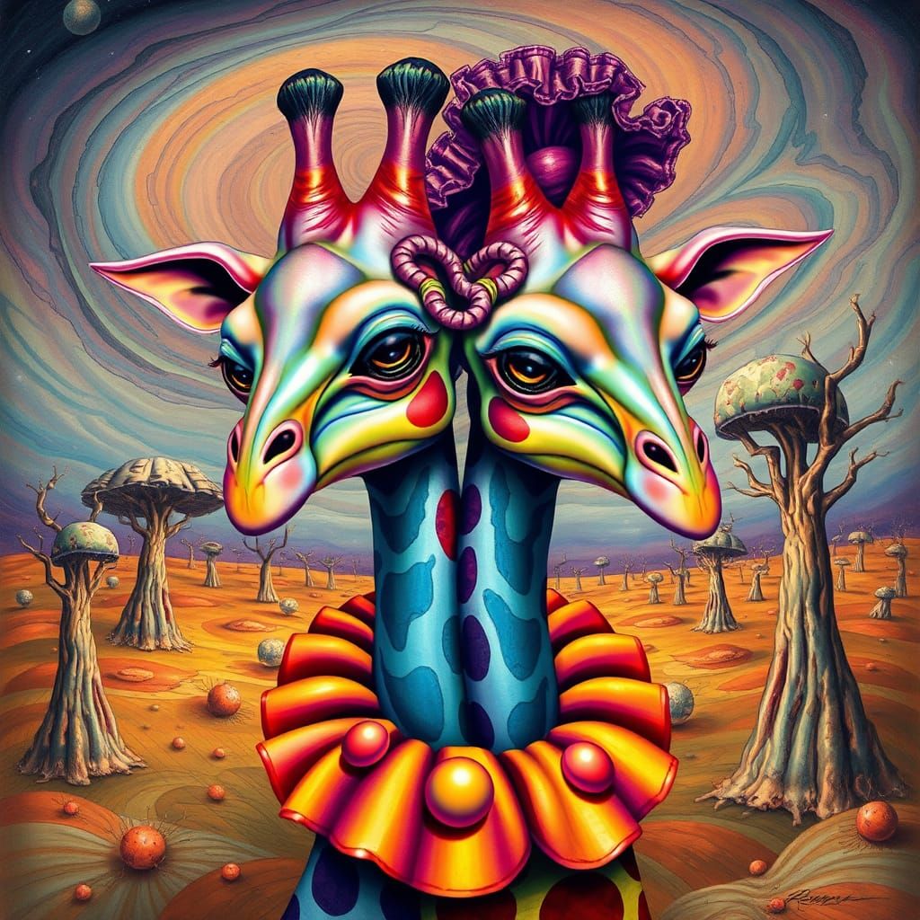 Surreal Two-Headed Alien Giraffe in Dream Landscape