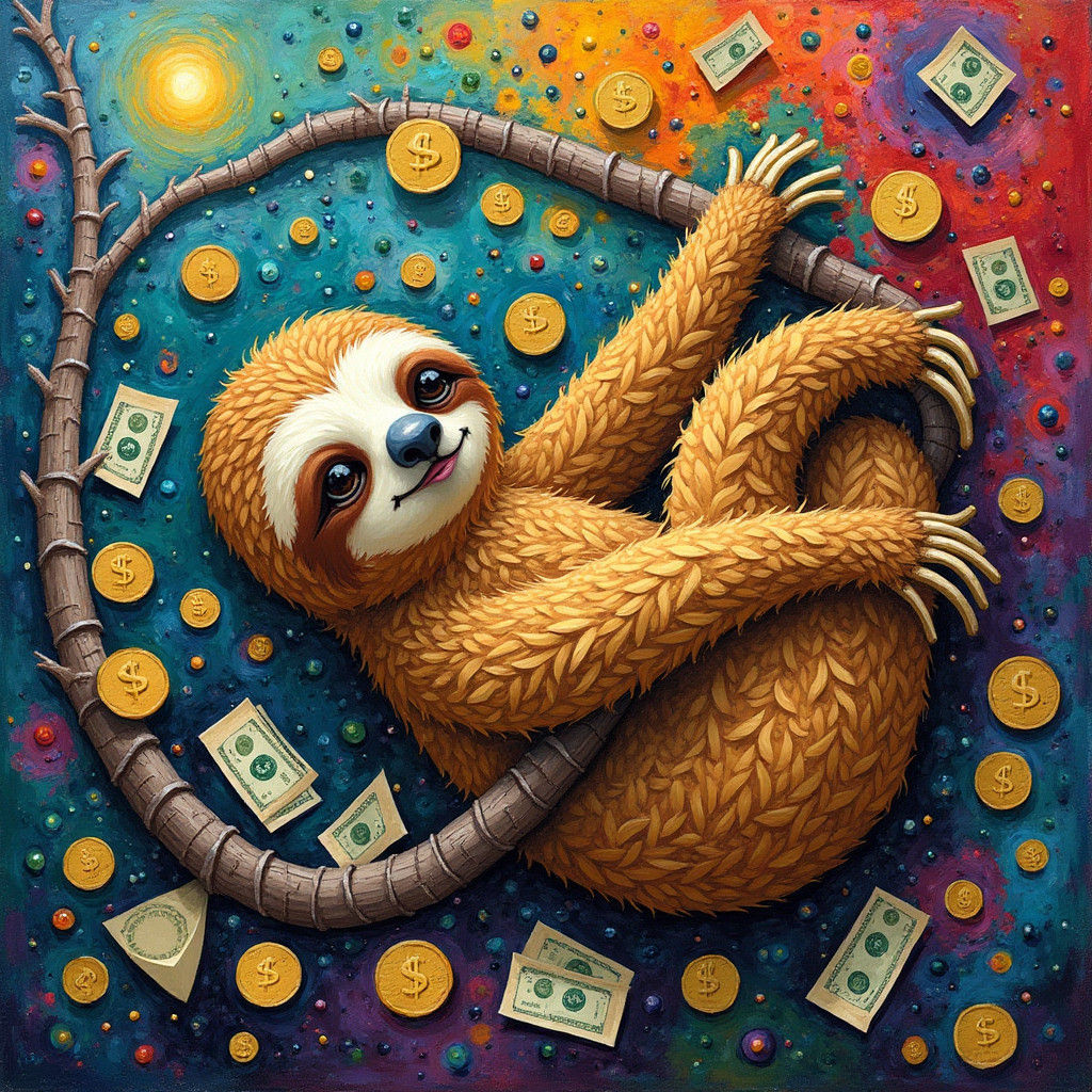 Sloth Lounging in Abstract Sea of Money